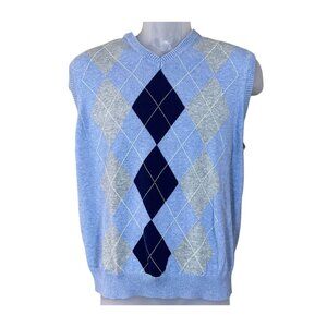 Club Room V-Neck Blue & Gray Argyle Sweater Vest Ribbed Trim Mens Medium